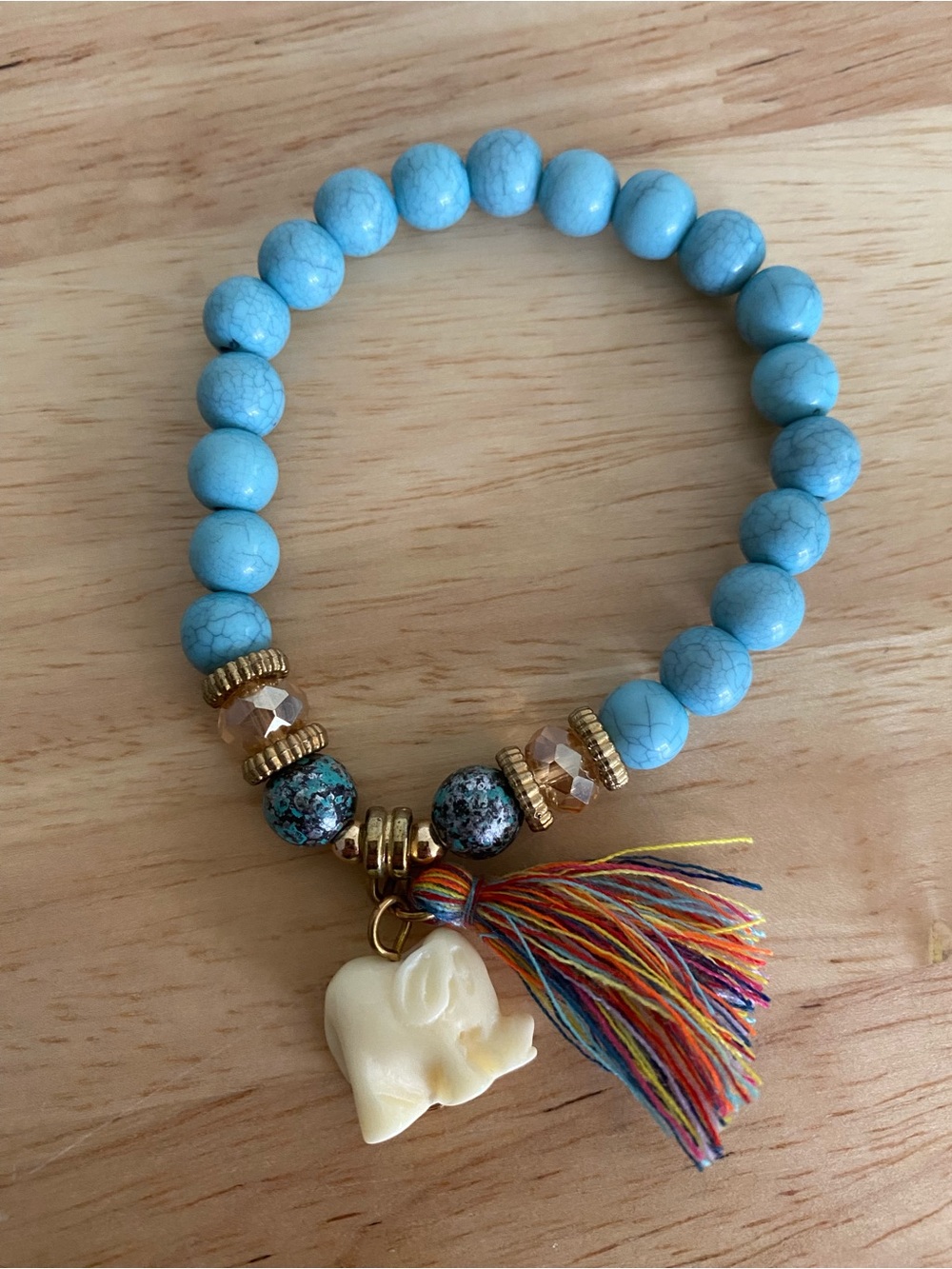 Turquoise Blue Beaded Stretch Bracelet Ivory Elephant Charm Multicolor Tassel